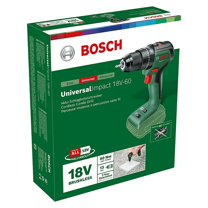 Bosch 18 V Power for All Akku-Schlagbohrschrauber UniversalImpact 18V-60 - 18 V, Ohne Akku, Leerlaufdrehzahl: 0 U/min - 1.900 U/min - Diagonale Ansicht