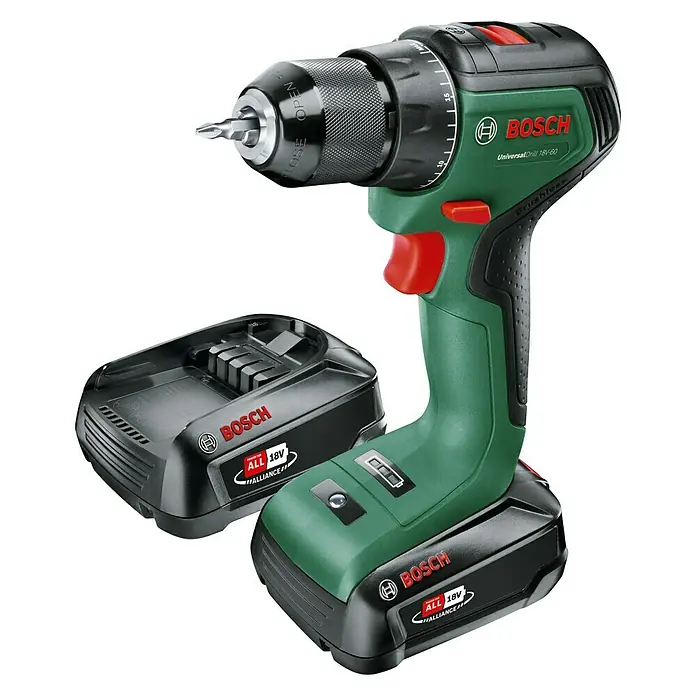 Bosch 18 V Power for All Akku-Bohrschrauber UniversalDrill 18V-60 - 18 V, 2 Akkus, Leerlaufdrehzahl: 0 U/min - 1.900 U/min - Diagonale Ansicht