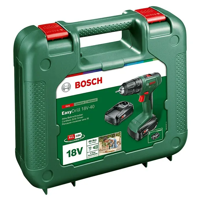 Bosch 18 V Power for All Akku-Bohrschrauber EasyDrill 18V-40 - 18 V, 2 Akkus, 2 Ah, Leerlaufdrehzahl: 430 U/min - 1.630 U/min - Diagonale Ansicht