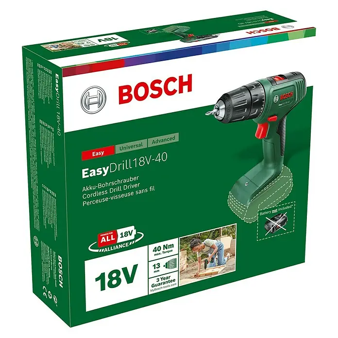 Bosch 18 V Power for All Akku-Bohrschrauber EasyDrill 18V-40 - 18 V, Ohne Akku, Leerlaufdrehzahl: 430 U/min - 1.630 U/min - Diagonale Ansicht