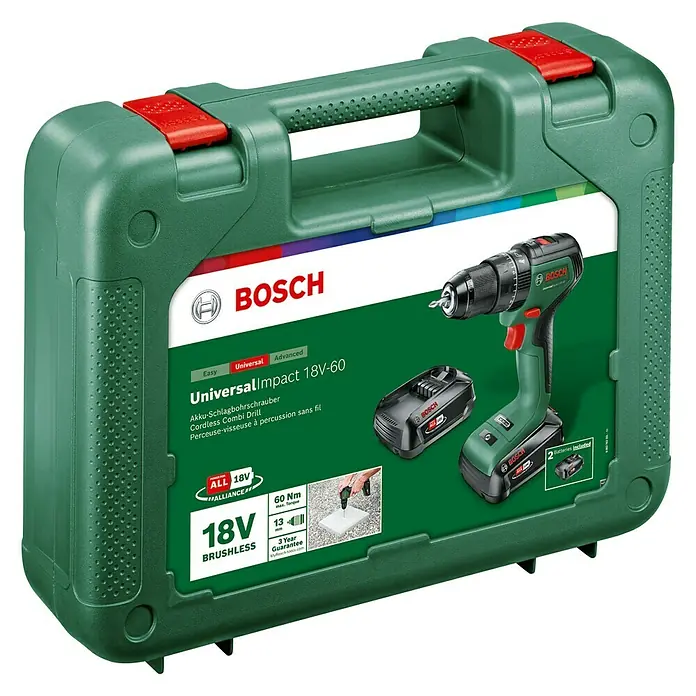 Bosch 18 V Power for All Akku-Bohrschrauber UniversalDrill 18V-60 - 18 V, 2 Akkus, Leerlaufdrehzahl: 0 U/min - 1.900 U/min - Diagonale Ansicht