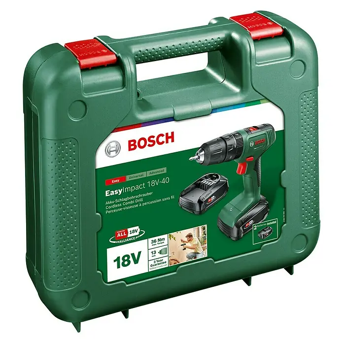 Bosch 18 V Power for All Akku-Schlagbohrschrauber EasyImpact 18V-40 - 18 V, 2 Akkus, Leerlaufdrehzahl: 430 U/min - 1.630 U/min, 2 Ah - Diagonale Ansicht