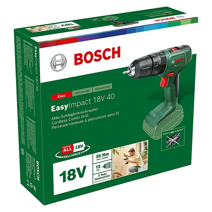 Bosch 18 V Power for All Akku-Schlagbohrschrauber EasyImpact 18V-40 - 18 V, Ohne Akku, Leerlaufdrehzahl: 430 U/min - 1.630 U/min - Diagonale Ansicht