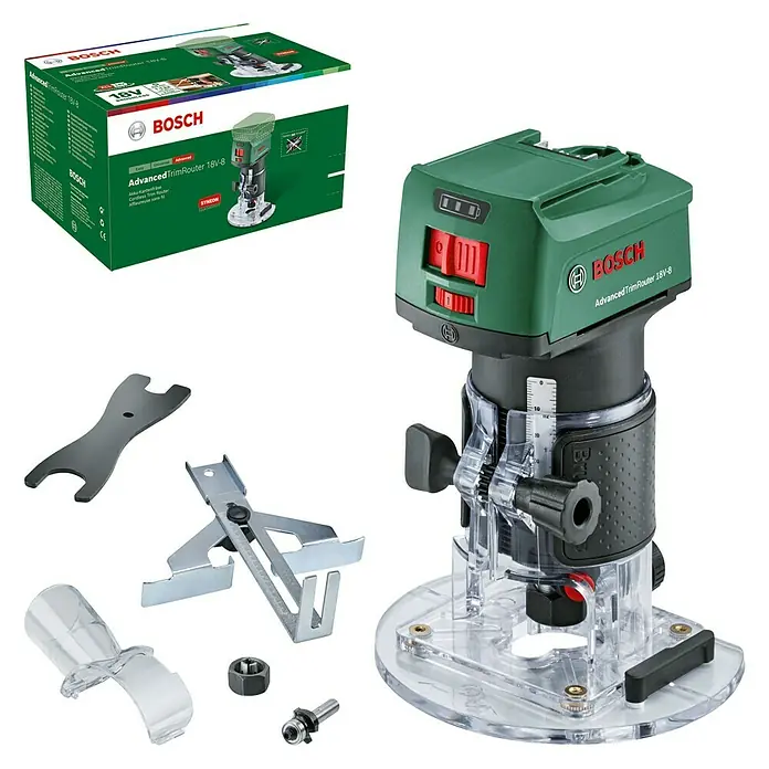 Bosch 18 V Power for All Akku-Kantenfräser AdvancedTrimRouter 18V-8 - 18 V, Ohne Akku, Leerlaufdrehzahl: 10.000 U/min - 30.000 U/min - Diagonale Ansicht