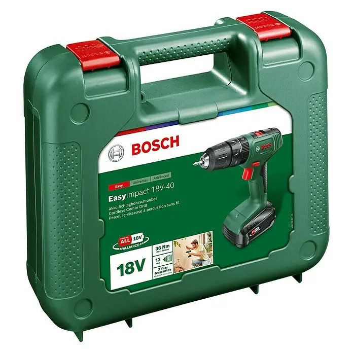 Bosch 18 V Power for All Akku-Schlagbohrschrauber EasyImpact 18V-40 - 18 V, 1 Akku, Leerlaufdrehzahl: 430 U/min - 1.630 U/min, 2 Ah - Diagonale Ansicht