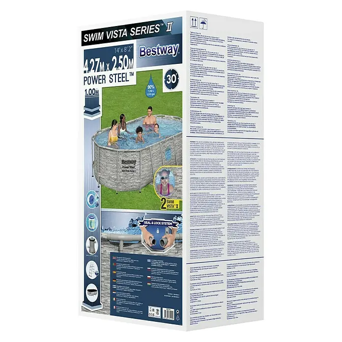 Bestway Set za ovalni bazen Power Steel Vista - 427 x 250 x 100 cm, 7.250 l, Boja unutarnje folije: Plave boje - Dijagonalni pogled