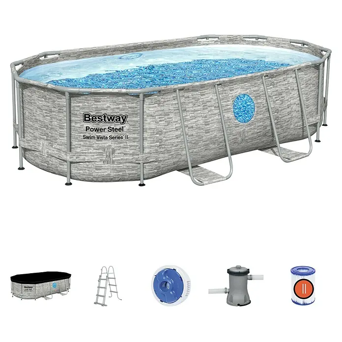 Bestway Set za ovalni bazen Power Steel Vista - 427 x 250 x 100 cm, 7.250 l, Boja unutarnje folije: Plave boje - Skica