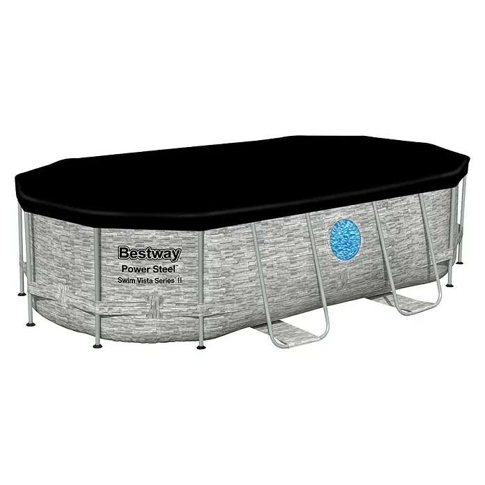 Bestway Set za ovalni bazen Power Steel Vista - 427 x 250 x 100 cm, 7.250 l, Boja unutarnje folije: Plave boje - Dijagonalni pogled