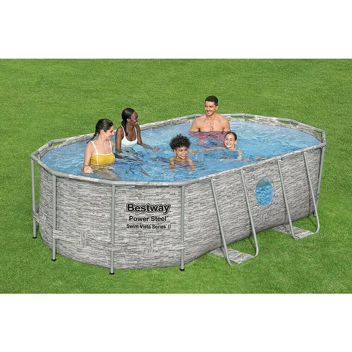 Bestway Set za ovalni bazen Power Steel Vista - 427 x 250 x 100 cm, 7.250 l, Boja unutarnje folije: Plave boje - Proizvod u upotrebi
