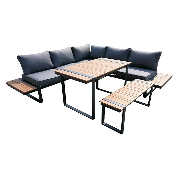 Loungemöbel-Set - 5 -tlg., Aluminium/Polywood, Anthrazit/Holzoptik - Diagonale Ansicht