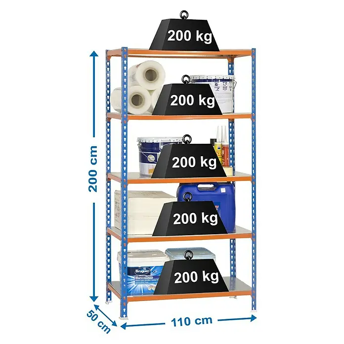 Simonrack Simonclick Estantería metálica Superplus - L x An x Al: 50 x 110 x 200 cm, Capacidad de carga: 180 kg/balda, Número de baldas: 5 ud., Inserción, Azul/Naranja - Dibujo técnico