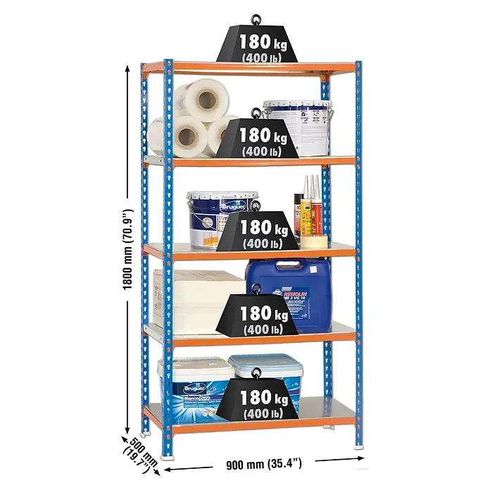 Simonrack Simonclick Estantería metálica - L x An x Al: 50 x 90 x 180 cm, Capacidad de carga: 180 kg/balda, Número de baldas: 5 ud., Inserción, Azul/Naranja - Dibujo técnico