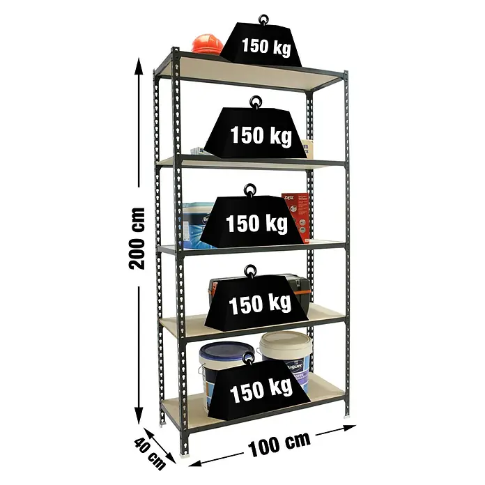 Simonrack Maderclick Estantería metálica Plus 5/400 - L x An x Al: 40 x 100 x 200 cm, Capacidad de carga: 150 kg/balda, Número de baldas: 5 ud., Inserción, Gris antracita - Dibujo técnico