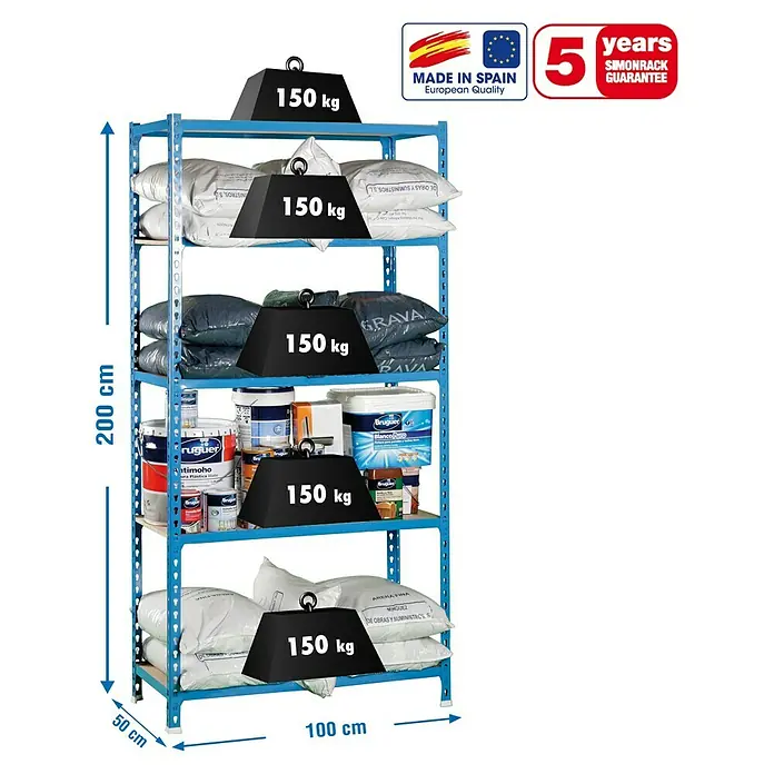 Simonrack Maderclick Estantería metálica Plus - L x An x Al: 50 x 100 x 200 cm, Capacidad de carga: 150 kg/balda, Número de baldas: 5 ud., Inserción, Azul - Dibujo técnico