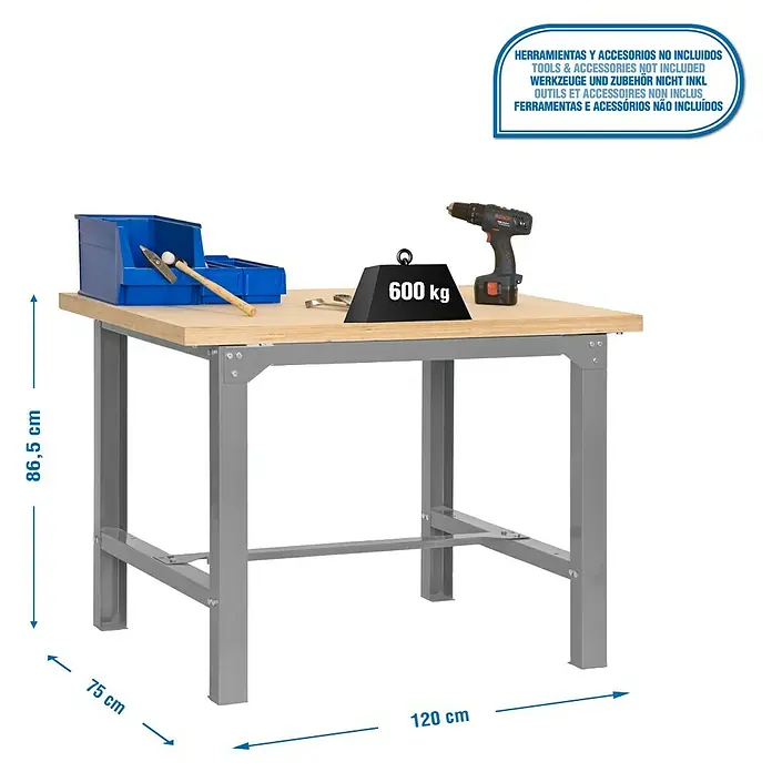 Simonrack Simonwork Banco de trabajo BT6 Plywood - L x Al: 120 x 86,5 cm, Ancho: 75 cm, Capacidad de carga del tablero: 800 kg, Gris - Dibujo técnico