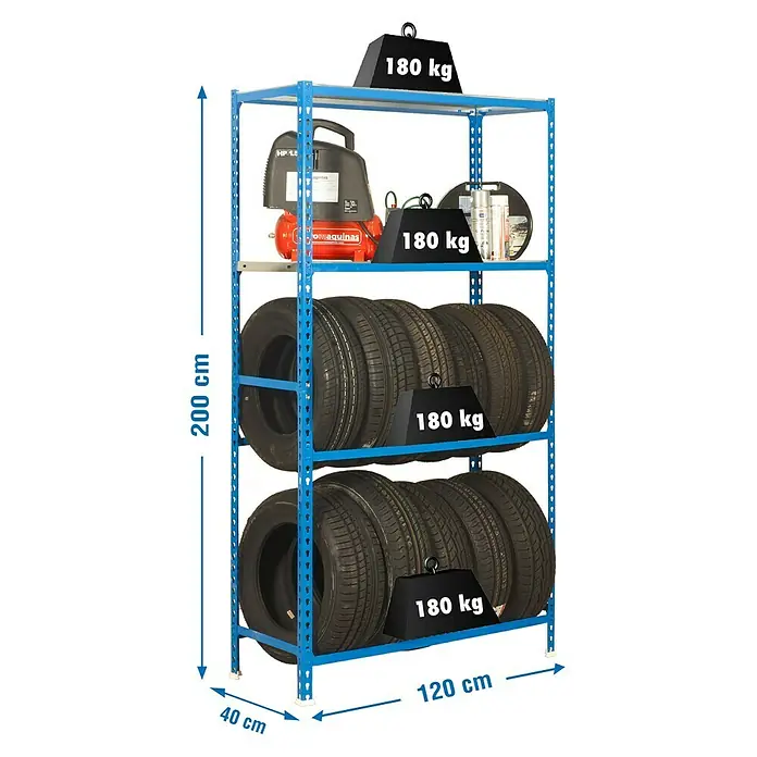 Simonrack Simongarage Estantería para neumáticos Megaplus - L x An x Al: 40 x 120 x 200 cm, Capacidad de carga: 200 kg/balda, Número de baldas: 4 ud., Inserción, Azul - Dibujo técnico