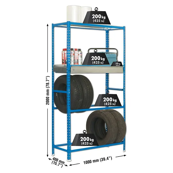 Simonrack Simongarage Estantería para neumáticos Box Plus - L x An x Al: 40 x 100 x 200 cm, Capacidad de carga: 200 kg/balda, Número de baldas: 4 ud., Inserción, Azul - Dibujo técnico