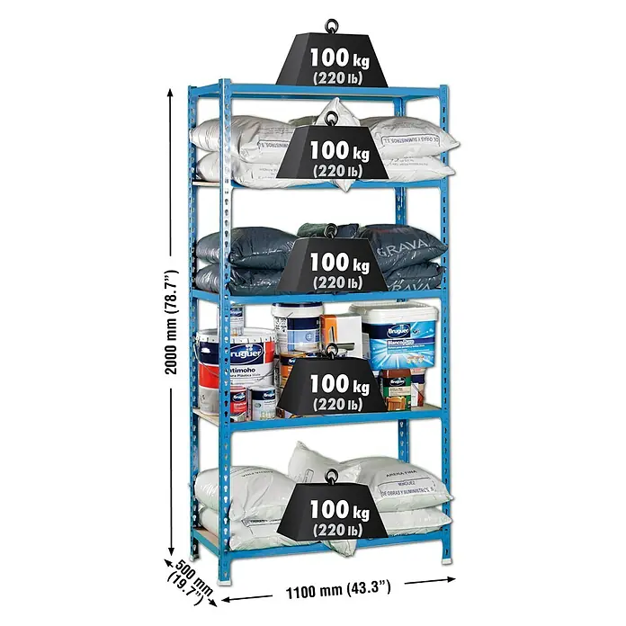 Simonrack Maderclick Estantería metálica Superplus - L x An x Al: 50 x 110 x 200 cm, Capacidad de carga: 150 kg/balda, Número de baldas: 5 ud., Inserción, Azul - Dibujo técnico