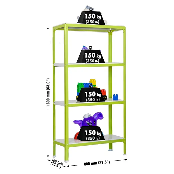 Simonrack Homeclick Estantería metálica Color Mini - L x An x Al: 40 x 80 x 160 cm, Capacidad de carga: 150 kg/balda, Número de baldas: 4 ud., Verde - Dibujo técnico