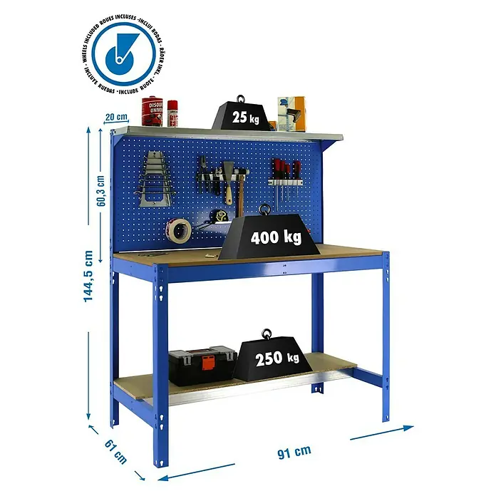 Simonrack Simonwork Banco de trabajo BT3 Mobile - L x An x Al: 61 x 91 x 144,5 cm, Capacidad de carga: 280 kg, Azul - Dibujo técnico