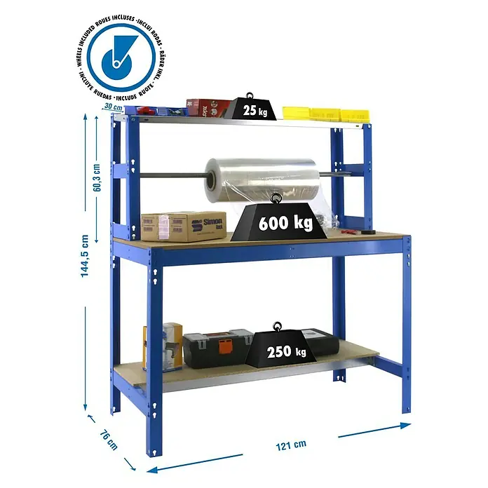 Simonrack Simonwork Banco de trabajo BT4 Mobile - L x An x Al: 76 x 121 x 144,5 cm, Capacidad de carga: 280 kg, Azul - Dibujo técnico
