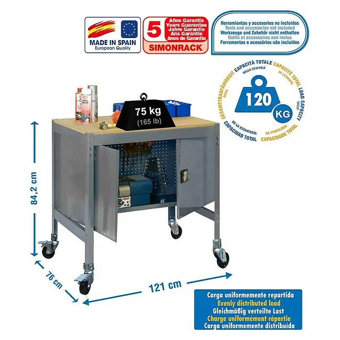 Simonrack Simonwork Banco de trabajo BT0 Locker Mobile - L x An x Al: 76 x 120 x 95 cm, Capacidad de carga: 120 kg, Gris - Dibujo técnico