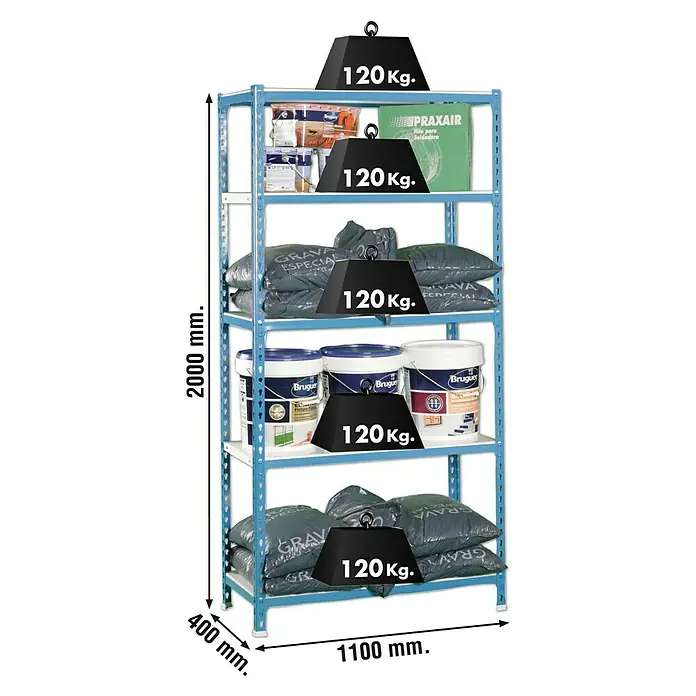 Simonrack Simonclick Metallregal Super Plus - L x B x H: 40 x 110 x 200 cm, Traglast: 180 kg/Boden, Anzahl Böden: 5 Stk., Stecken, Blau/Weiß - Skizze