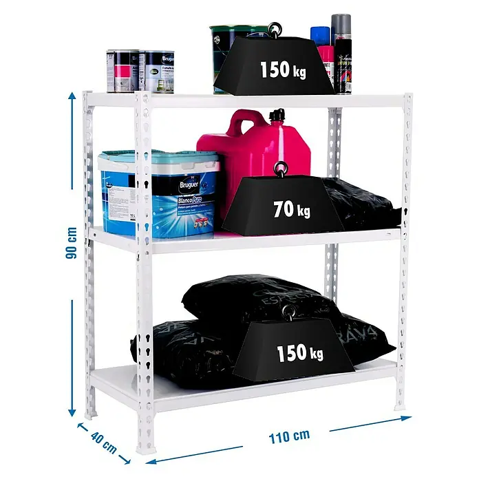 Simonrack Simonclick Estantería para cargas pesadas Ecoclick Superplus - L x An x Al: 40 x 110 x 90 cm, Capacidad de carga: 70 kg/balda, Número de baldas: 3 ud., Blanco - Dibujo técnico