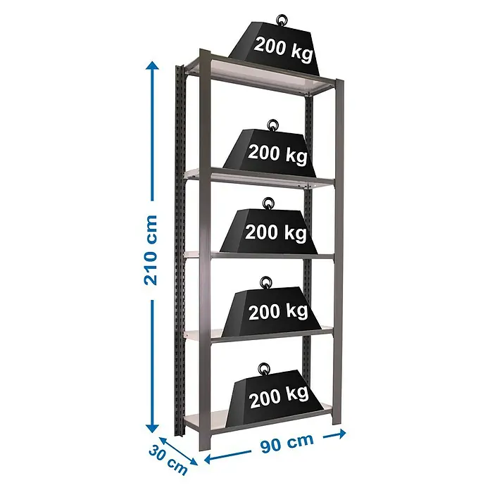 Simonrack Simonoffice Estantería para archivadores Offliclick Metal Inicial - L x An x Al: 30 x 90 x 210 cm, Capacidad de carga: 200 kg/balda, Número de baldas: 5 ud., Gris/Blanco - Dibujo técnico