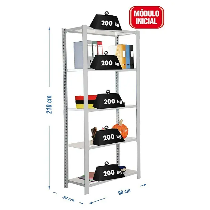 Simonrack Simonoffice Estantería para archivadores Offliclick Metal Inicial - L x An x Al: 40 x 90 x 210 cm, Capacidad de carga: 200 kg/balda, Número de baldas: 5 ud., Gris/Blanco - Dibujo técnico