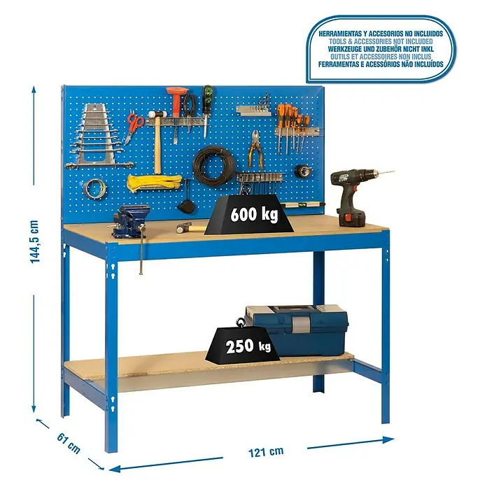 Simonrack Simonwork Banco de trabajo BT2 - L x An x Al: 61 x 121 x 144,5 cm, Número de cajones: 0 ud., Azul - Dibujo técnico