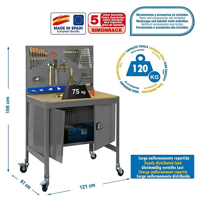 Simonrack Simonwork Banco de trabajo BT2 Locker Mobile - L x An x Al: 61 x 121 x 144,5 cm, Capacidad de carga: 120 kg, Gris - Dibujo técnico