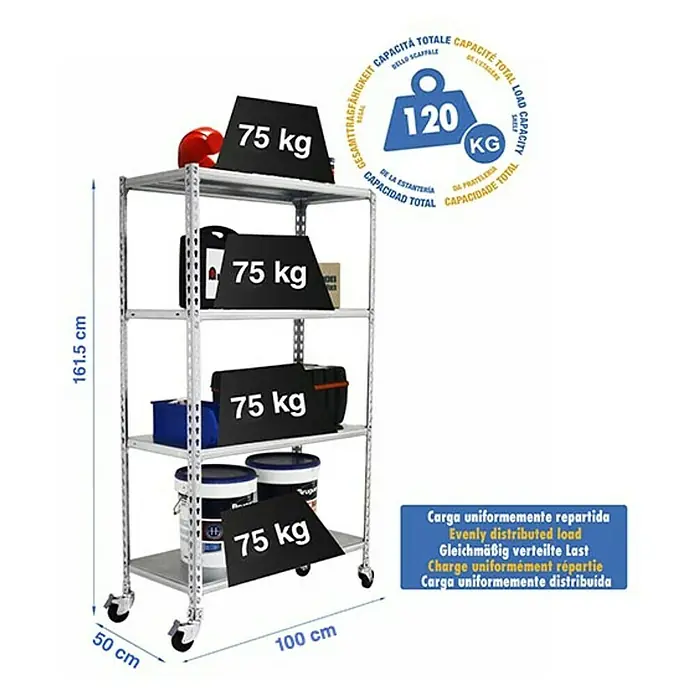 Simonrack Simonclick Estantería metálica Mobile Plus - L x An x Al: 50 x 100 x 150 cm, Capacidad de carga: 180 kg/balda, Número de baldas: 4 ud., Galvanizado - Dibujo técnico