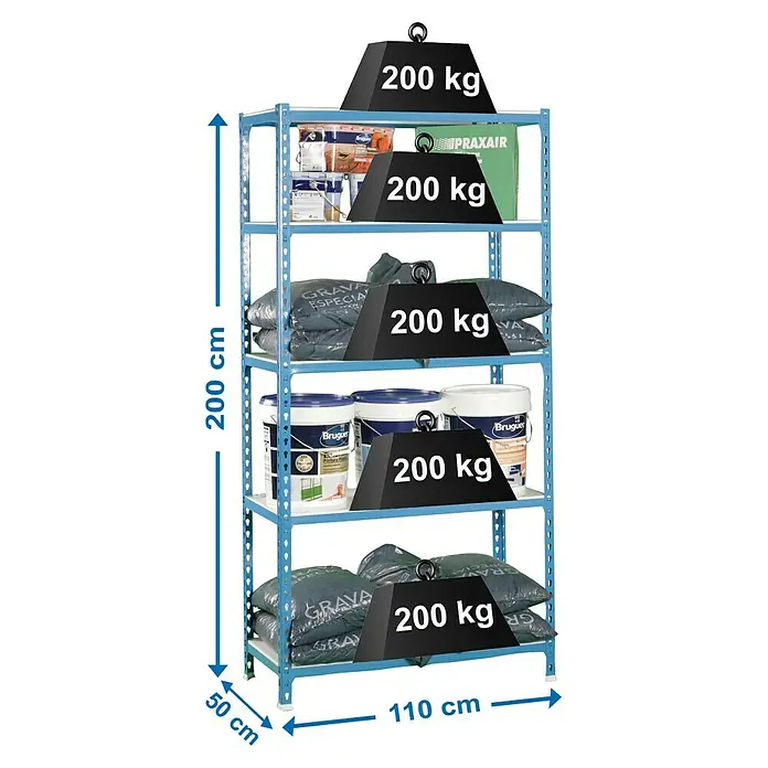 Simonrack Simonclick Metallregal Super Plus - L x B x H: 50 x 110 x 200 cm, Traglast: 180 kg/Boden, Anzahl Böden: 5 Stk., Stecken, Blau/Weiß - Skizze