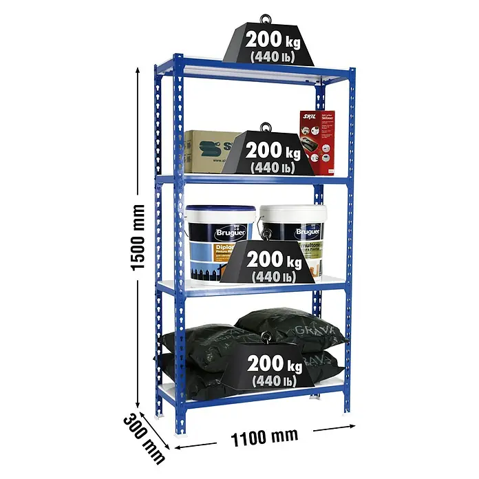 Simonrack Simonclick Estantería metálica - L x An x Al: 30 x 110 x 150 cm, Capacidad de carga: 180 kg/balda, Número de baldas: 4 ud., Azul - Dibujo técnico