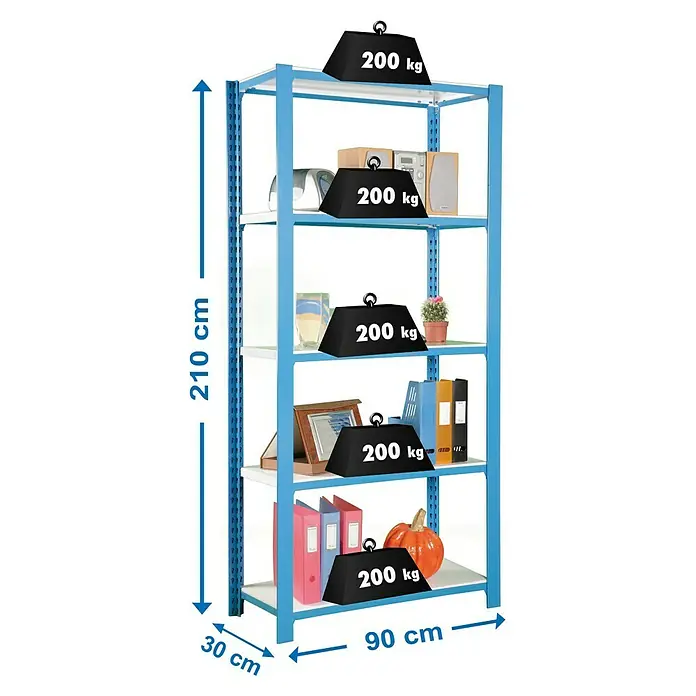Simonrack Simonoffice Estantería para archivadores Offliclick Metal Inicial - L x An x Al: 30 x 90 x 210 cm, Capacidad de carga: 200 kg/balda, Número de baldas: 5 ud., Azul/Blanco - Dibujo técnico
