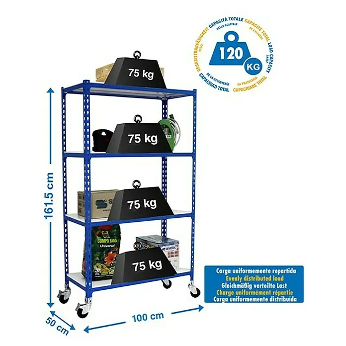 Simonrack Simonclick Estantería metálica Mobile Plus - L x An x Al: 50 x 100 x 150 cm, Capacidad de carga: 180 kg/balda, Número de baldas: 4 ud., Azul - Dibujo técnico