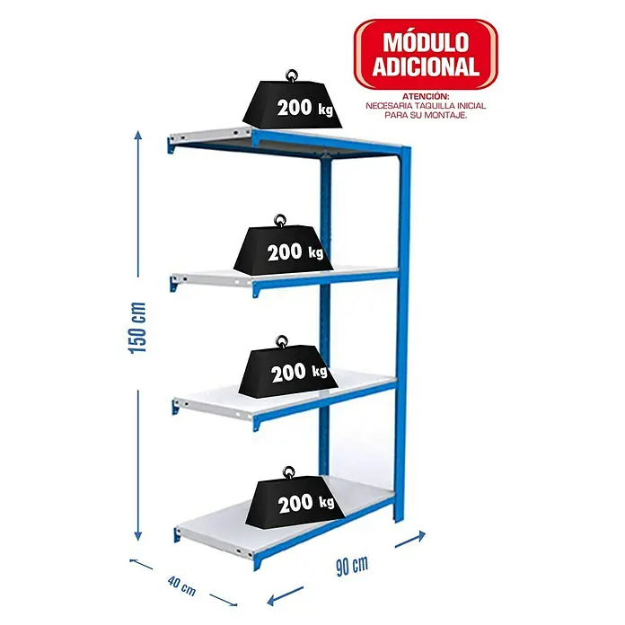Simonrack Simonoffice Estantería para archivadores Offliclick Metal Adicional - L x An x Al: 40 x 90 x 150 cm, Capacidad de carga: 200 kg/balda, Número de baldas: 4 ud., Azul - Dibujo técnico