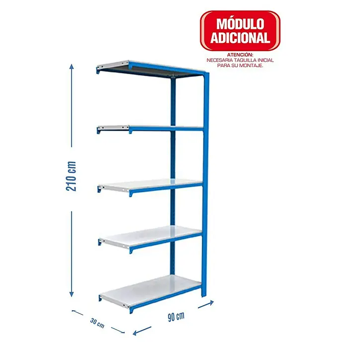 Simonrack Simonoffice Estantería para archivadores Offliclick Metal Adicional - L x An x Al: 30 x 90 x 210 cm, Capacidad de carga: 200 kg/balda, Número de baldas: 5 ud., Azul - Dibujo técnico