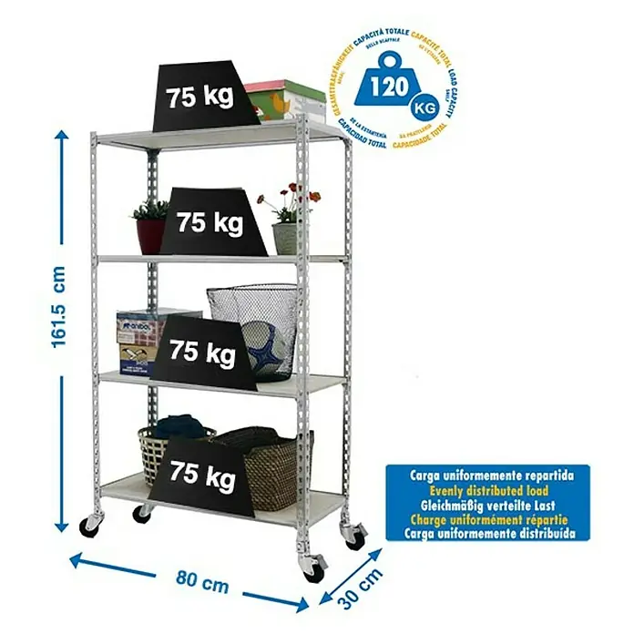 Simonrack Maderclick Estantería metálica Mobile Mini - L x An x Al: 30 x 80 x 150 cm, Capacidad de carga: 150 kg/balda, Número de baldas: 4 ud., Galvanizado - Dibujo técnico
