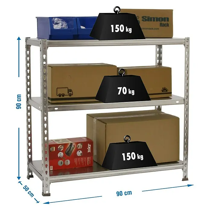 Simonrack Simonclick Estantería metálica Ecoclick - L x An x Al: 50 x 90 x 90 cm, Capacidad de carga: 70 kg/balda, Número de baldas: 3 ud., Galvanizado - Dibujo técnico
