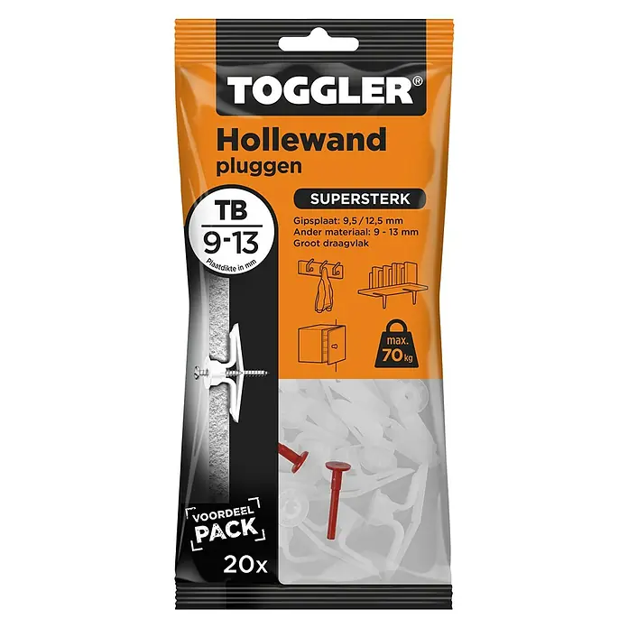 Toggler Hollewandpluggen TB 9-13 - 20 stk., Wit - Vooraanzicht