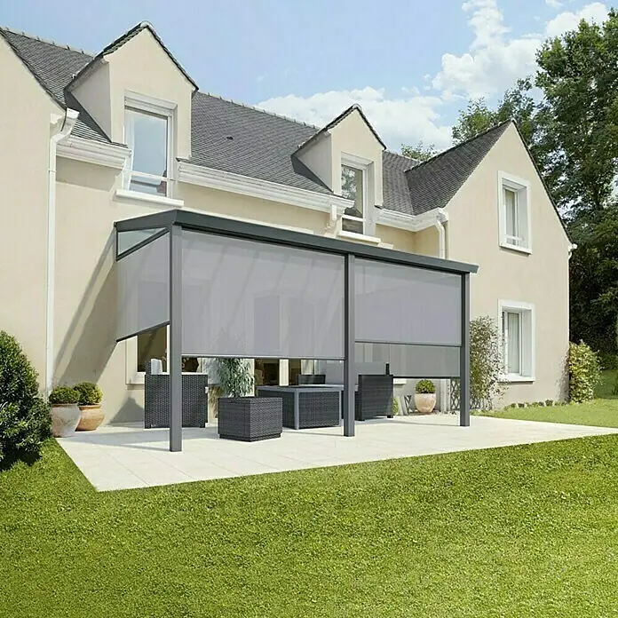 Nadstrešnica za terasu - D x D: 400 cm x 304,5 cm, Polikarbonat, Antracit siva, Opal - Živopisni prikaz