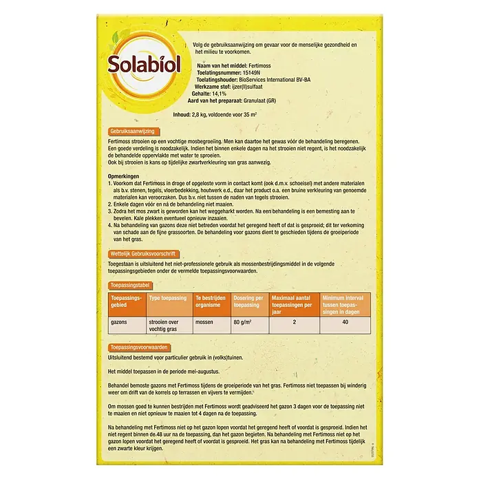 Solabiol Mosvrij gazon Fertimoss - 2,8 kg - Achteraanzicht