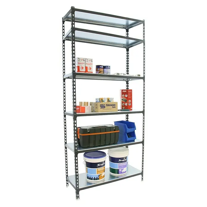 Simonrack Simonclick Metallregal - L x B x H: 30 x 90 x 250 cm, Traglast: 180 kg/Boden, Anzahl Böden: 6 Stk., Stecken, Anthrazit/Silber - Diagonale Ansicht