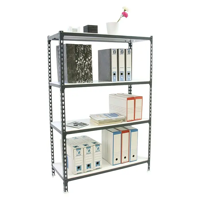 Simonrack Simonclick Metallregal Super Plus - L x B x H: 40 x 110 x 150 cm, Traglast: 180 kg/Boden, Anzahl Böden: 4 Stk., Stecken, Anthrazit/Weiß - Diagonale Ansicht