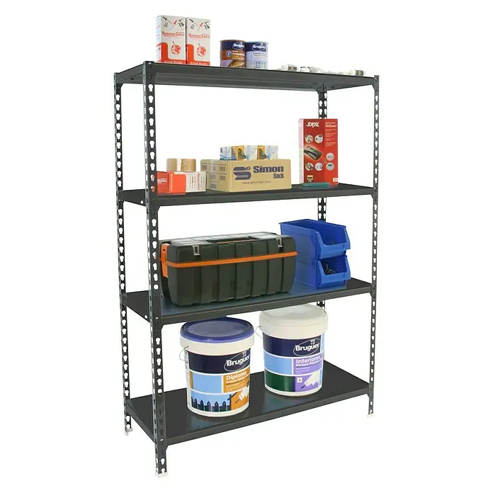 Simonrack Simonclick Metallregal - L x B x H: 30 x 100 x 150 cm, Traglast: 180 kg/Boden, Anzahl Böden: 4 Stk., Stecken, Anthrazit - Diagonale Ansicht