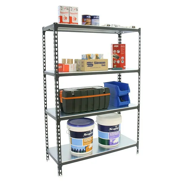 Simonrack Simonclick Metallregal Super Plus - L x B x H: 40 x 110 x 150 cm, Traglast: 180 kg/Boden, Anzahl Böden: 4 Stk., Stecken, Anthrazit/Weiß - Diagonale Ansicht