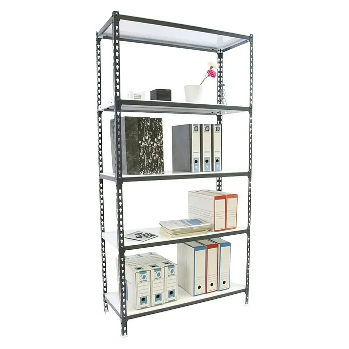 Simonrack Simonclick Metallregal - L x B x H: 30 x 100 x 200 cm, Traglast: 180 kg/Boden, Anzahl Böden: 5 Stk., Stecken, Anthrazit/Weiß - Diagonale Ansicht