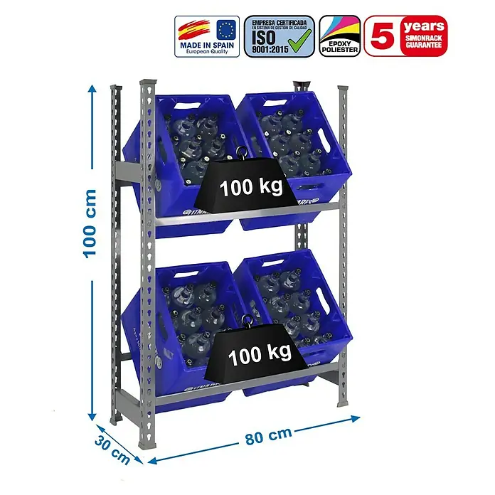 Simonrack Simonbottle Estantería para cajas de bebidas - L x An x Al: 30 x 80 x 100 cm, Capacidad de carga: 100 kg/balda, Número de baldas: 2 ud., Gris - Dibujo técnico